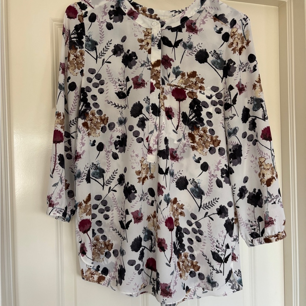 NYDJ White Floral Blouse with Burgundy, Black, Taupe and Gray Prints